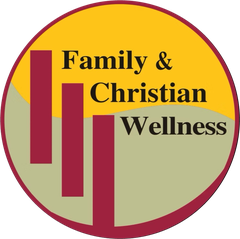 Family & Christian Wellness Center logo: a circular emblem with a sunrise, green hills, and three upright pillars.